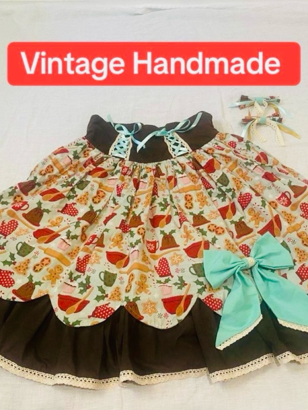 Vintage Handmade Brown and Mint Green Mini Skirt
